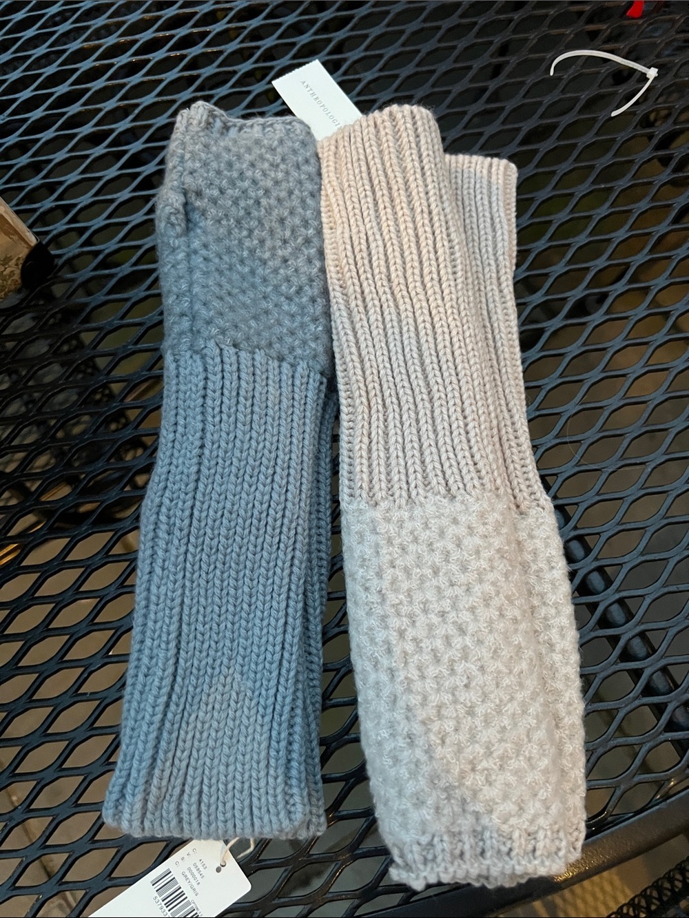 Anthropologie Knit Arm Warmers in Blue and Cream, 2 pair, with thumb hole